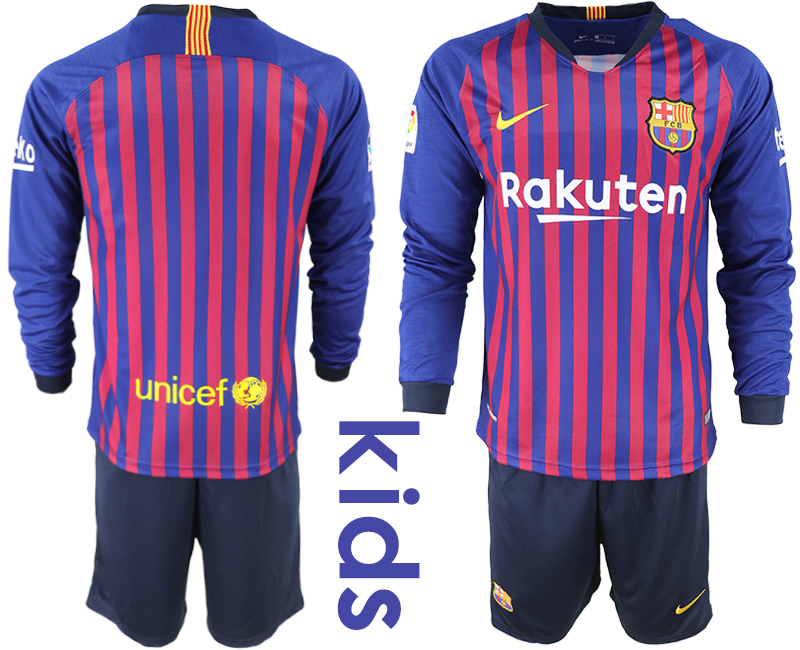 2018_2019 Club Barcelona home long sleeve Youth soccer jerseys